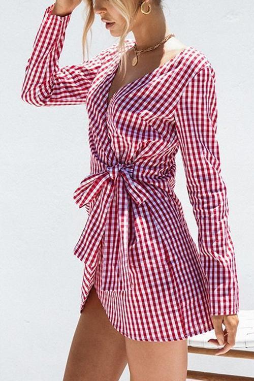 V-neck Plaid Bow Tie with Long Sleeve Dress