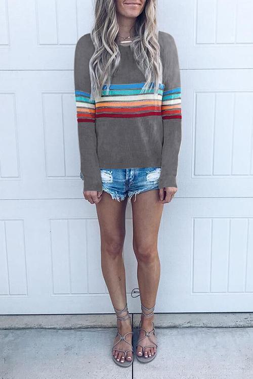 Colorful Striped Long Sleeve Round Neck T-shirt