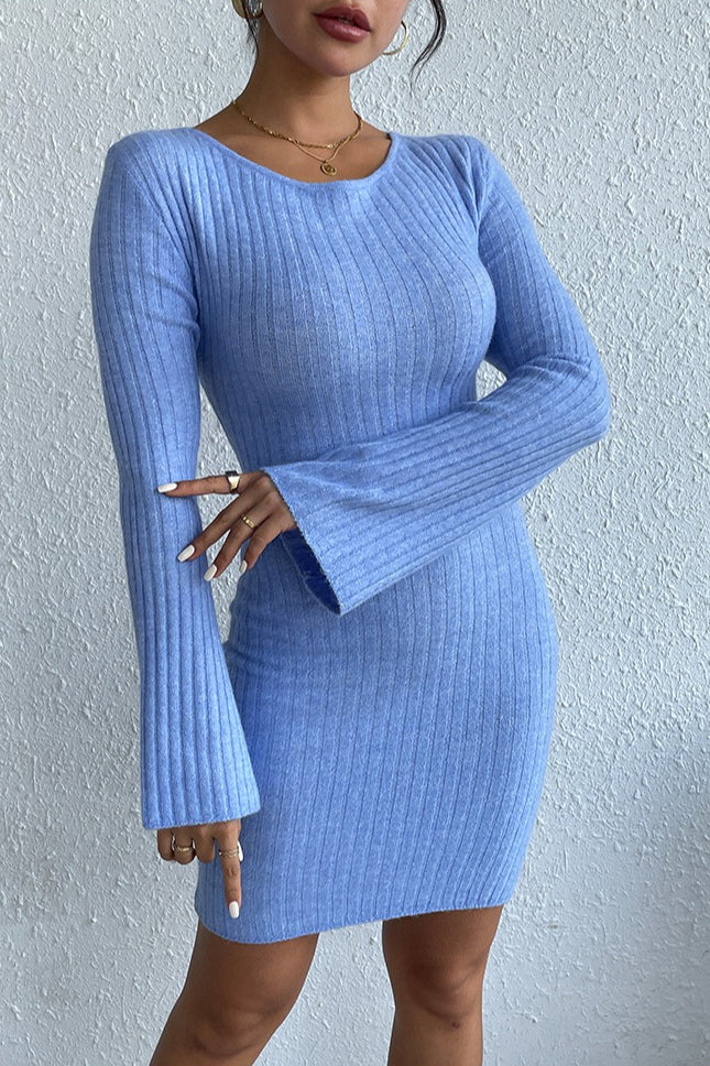 Rib Knit Scoop Neck Flare Sleeve Backless Bodycon Mini Sweater Dress 3