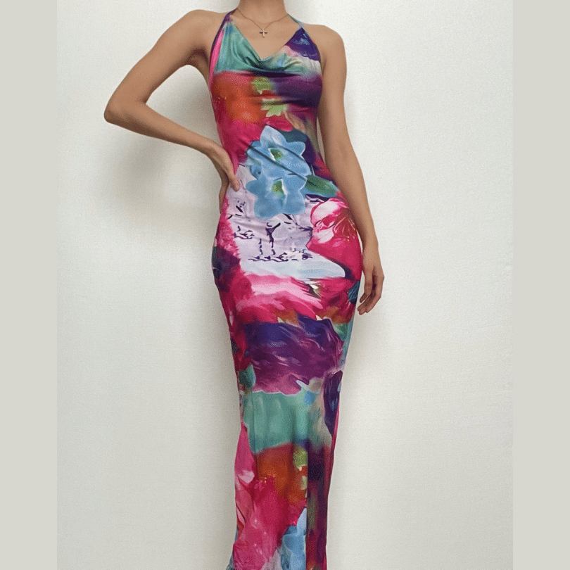 Abstract Floral Print Cowl Neck Halter Backless Ruched Bodycon Maxi Dress