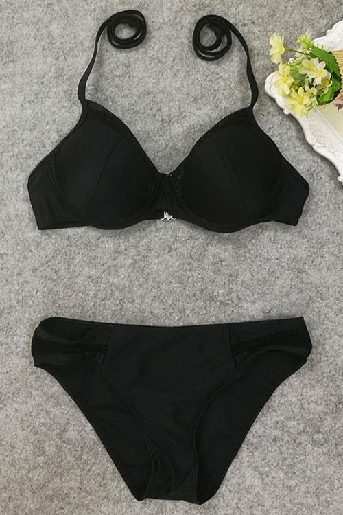 Black Halter Mesh Sexy Push Up Bikini Swimsuit