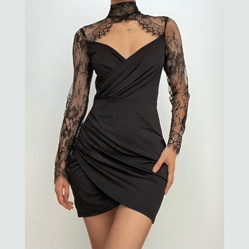 Lace Yoke Mock Neck Long Sleeve Wrap Ruched Bodycon Mini Dress