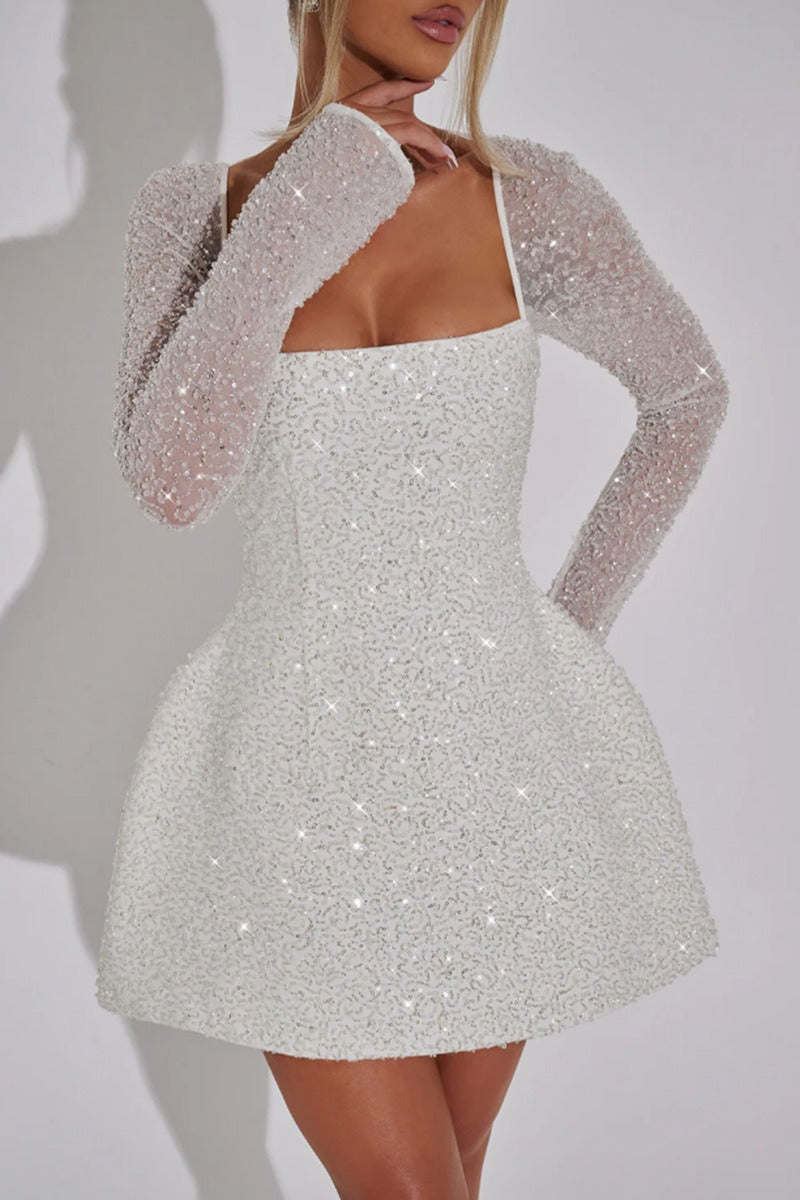 Sequin Square Neck Long Sleeve Fit and Flare Mini Dress 2