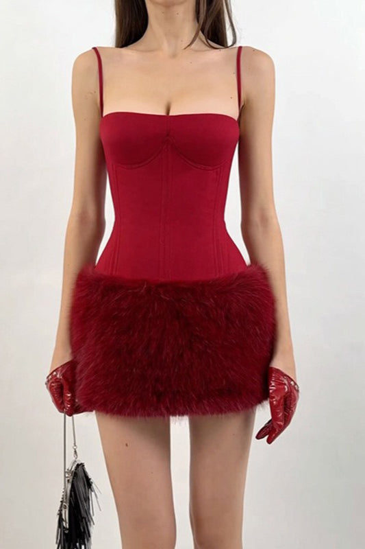 Spaghetti Strap Corset Bustier Faux Fur Trim Bodycon Mini Dress 4