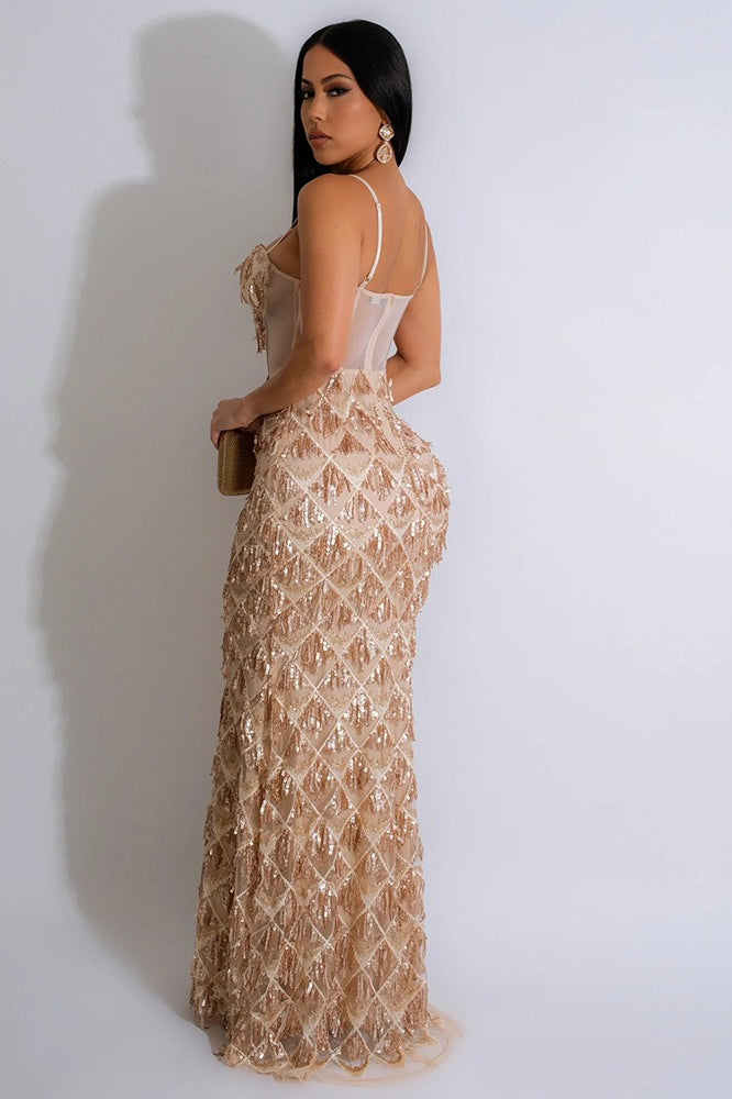Sequin Diamond Quilt Tassel Fringe Sweetheart Corset Mesh Maxi Gown 2