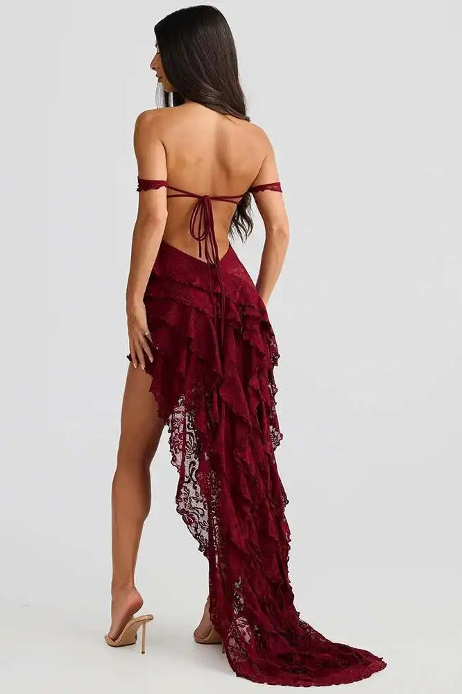 Floral Lace Off-Shoulder Tie-Front Tiered High-Low Ruffle Midi Dress 6
