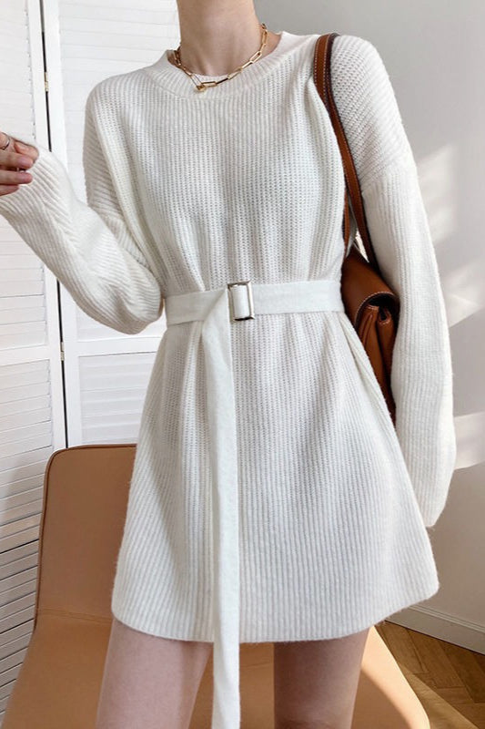 Rib Knit Belted Square Buckle Balloon Sleeve Sweater Mini Dress 10
