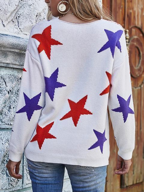 Stars Print V-neck Knitted Sweater