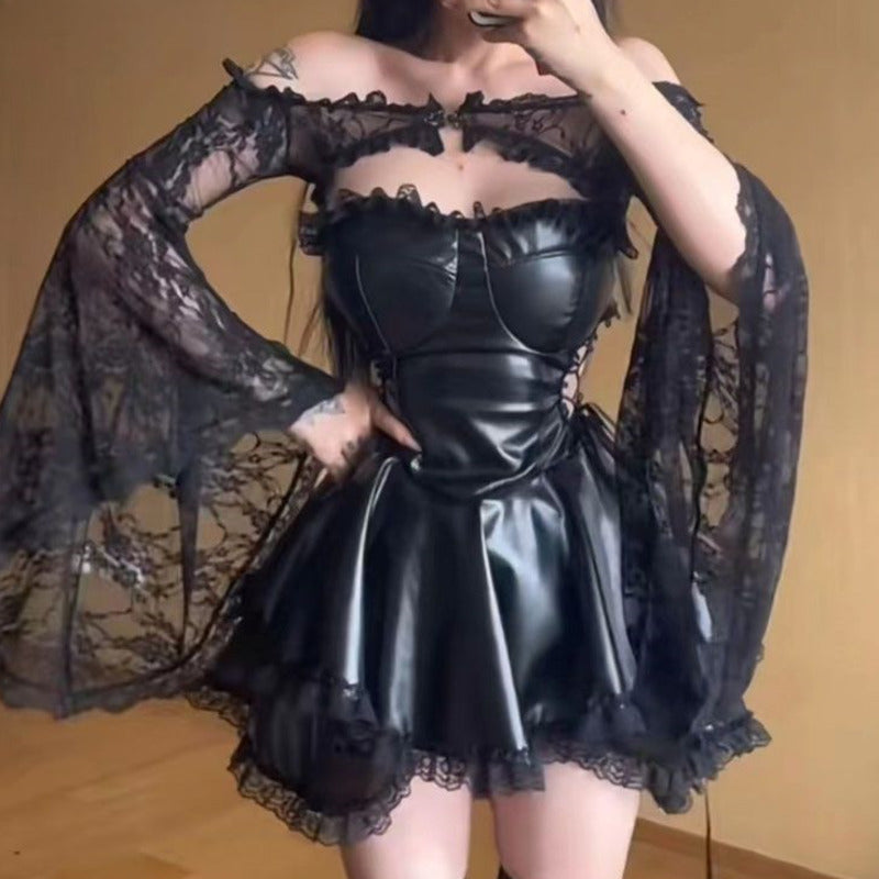 Off Shoulder Faux Leather Corset Lace Trumpet Sleeve Tiered Ruffle Mini Dress 2