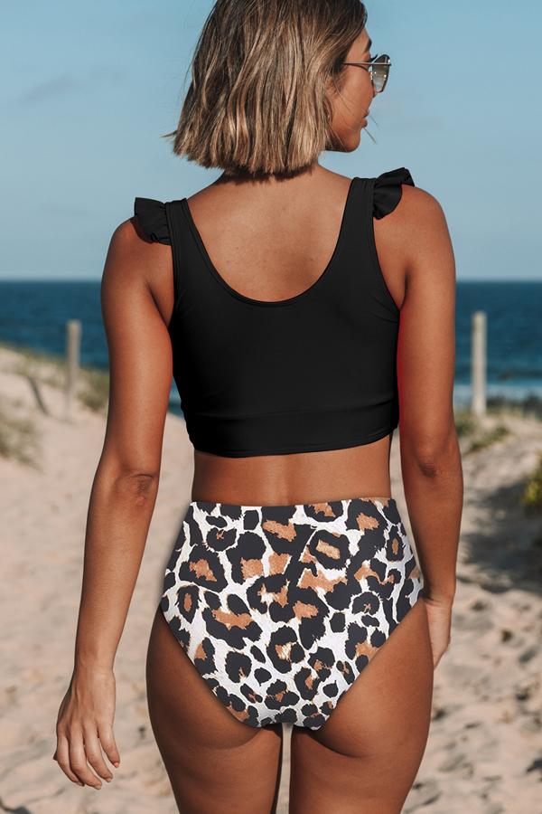 Leopard Ruffle Shouler High Waist Bikini Set