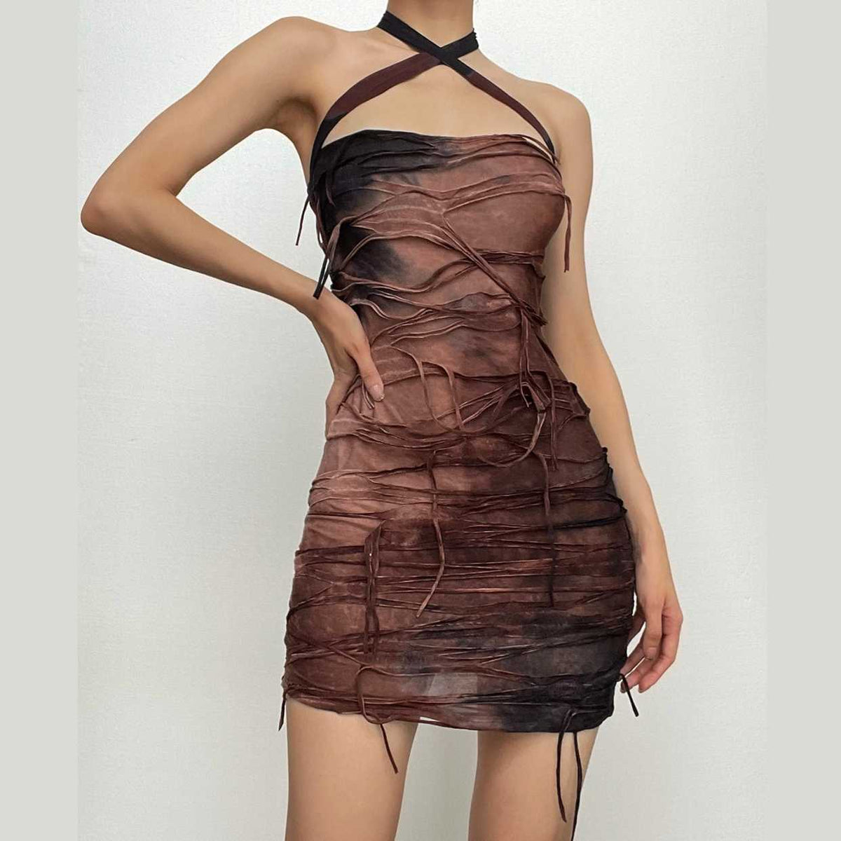 Tie-Dye Halter Neck Distressed Layered Shredded Bodycon Mini Dress