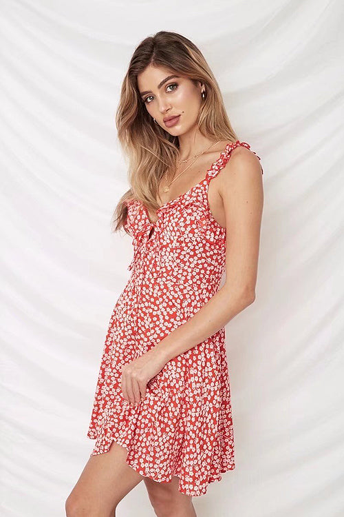V Neck Tie Front Ruffle Strap Ditsy Floral Flared Mini Dress 2