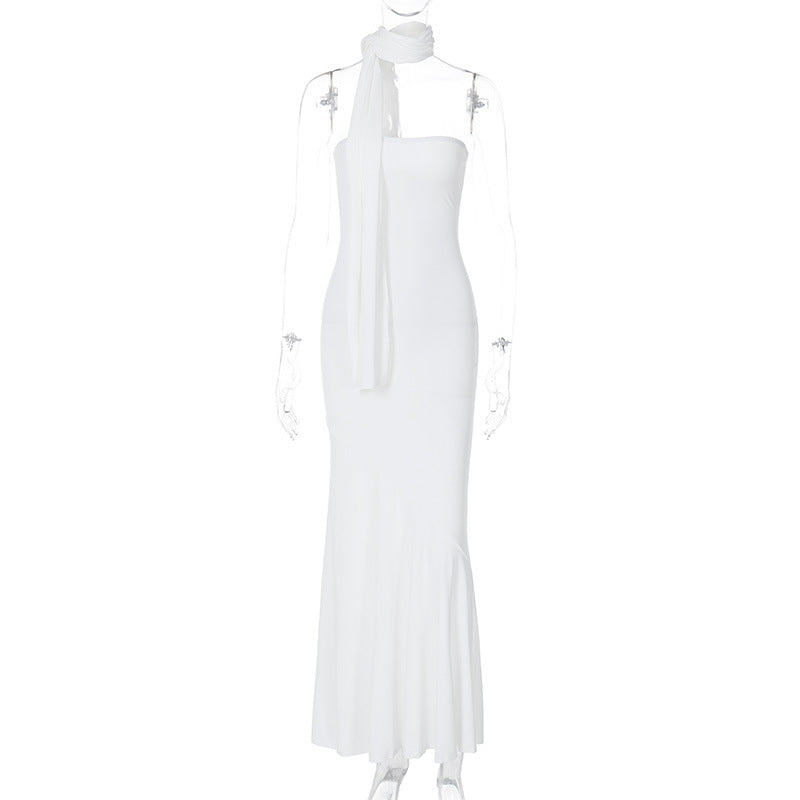 Strapless Straight Bandeau Trumpet Hem Matching Neck Scarf Maxi Gown 5