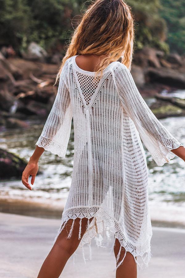Knitted Hollow Tassel White Cover Up