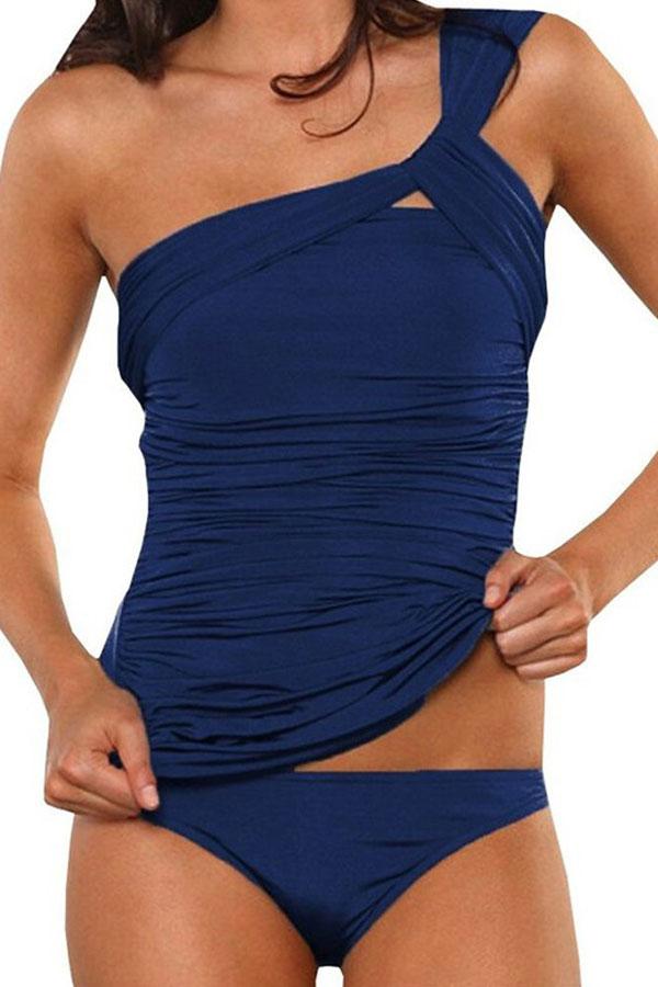 One Shoulder Ruched Navy Low Waisted Tankini Set