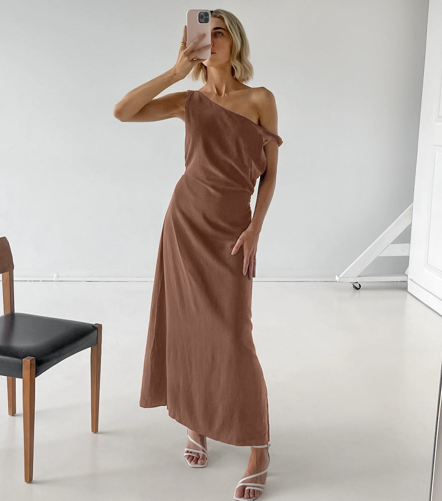Halter Deep V Ruched Bodice Center Panel Drape Maxi Gown 7