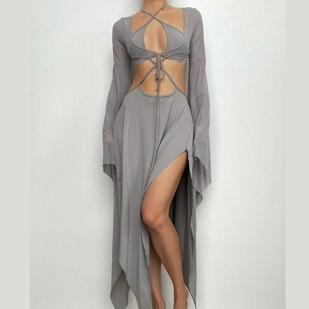 Halter Keyhole Self Tie Bell Sleeve Shrug Cutout Side Slit Handkerchief Hem Midi Dress