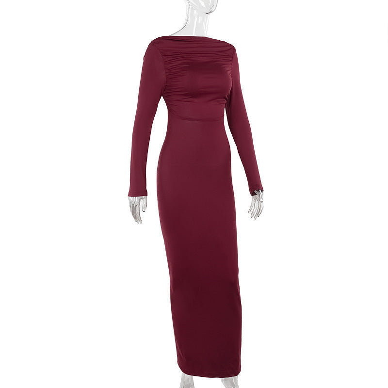 Long Sleeve Deep Open Back Ruched Column Maxi Gown 7