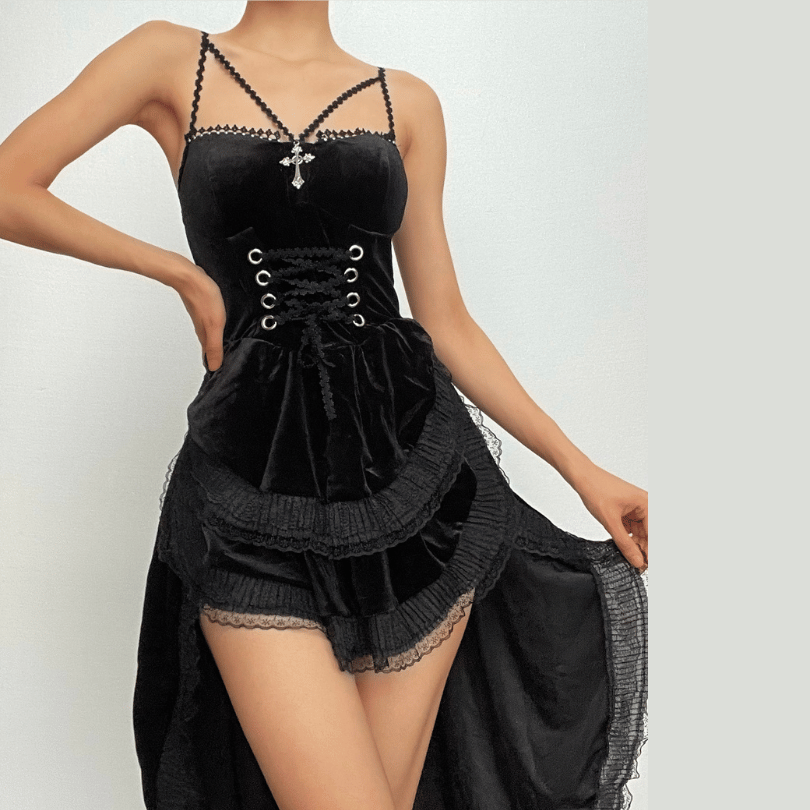 Velvet Lace Up Cross Pendant Tiered High Low Midi Dress