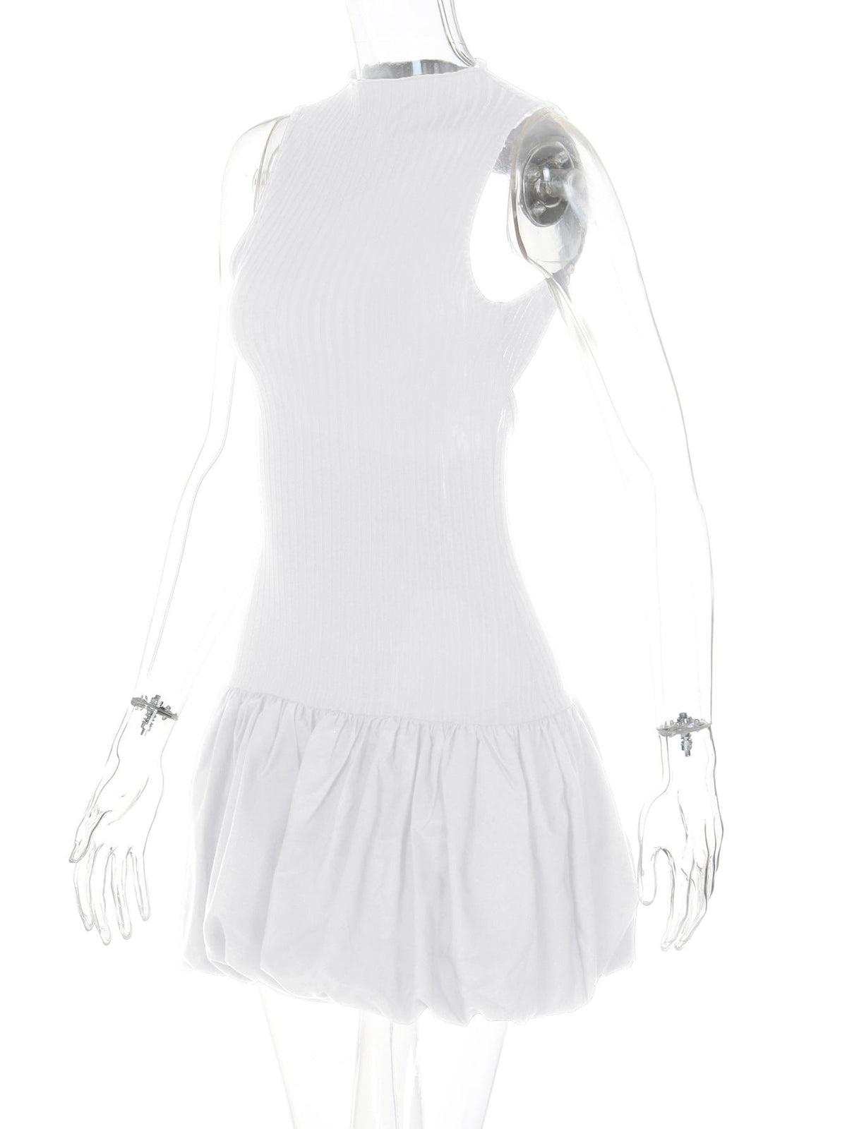 Mock Neck Sleeveless Ribbed Knit Drop Waist Bubble Hem Mini Dress 7