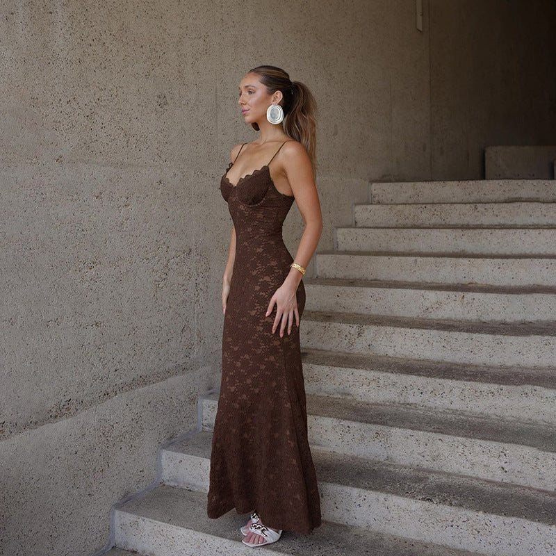 Spaghetti Strap Sweetheart Lace Maxi Dress 7