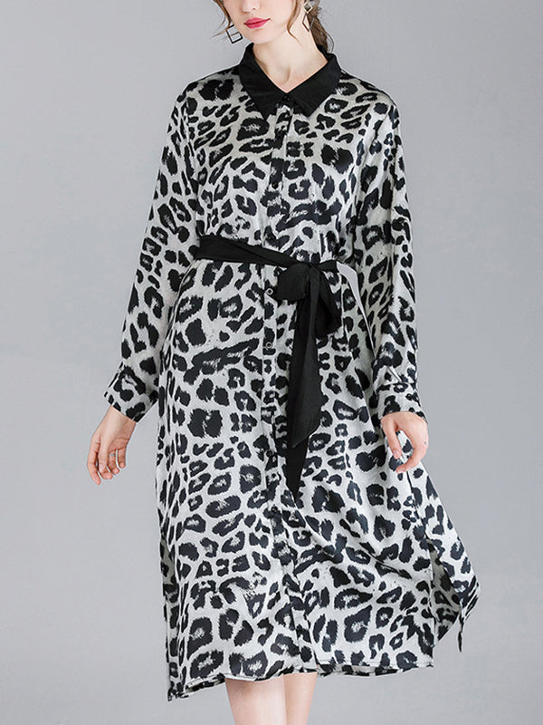 Contrasting Lapel Spotted Print Button Front High Slit Midi Shirt Dress 2