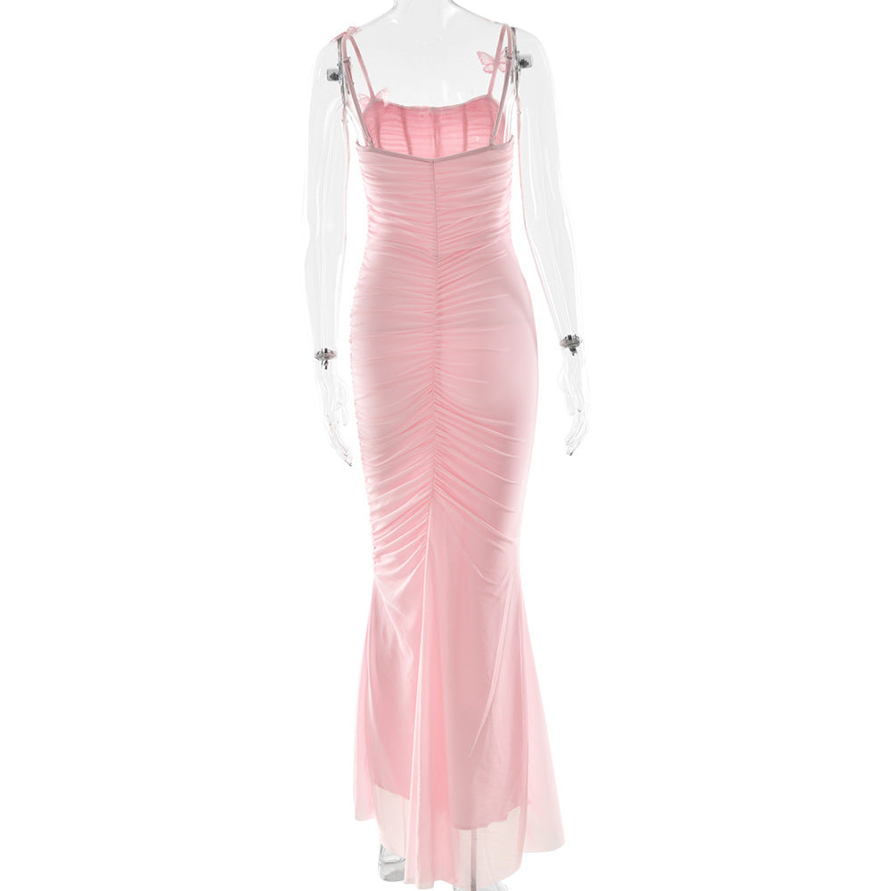 Spaghetti Strap Butterfly Applique Corset Boned Ruched Mermaid Maxi Dress 7