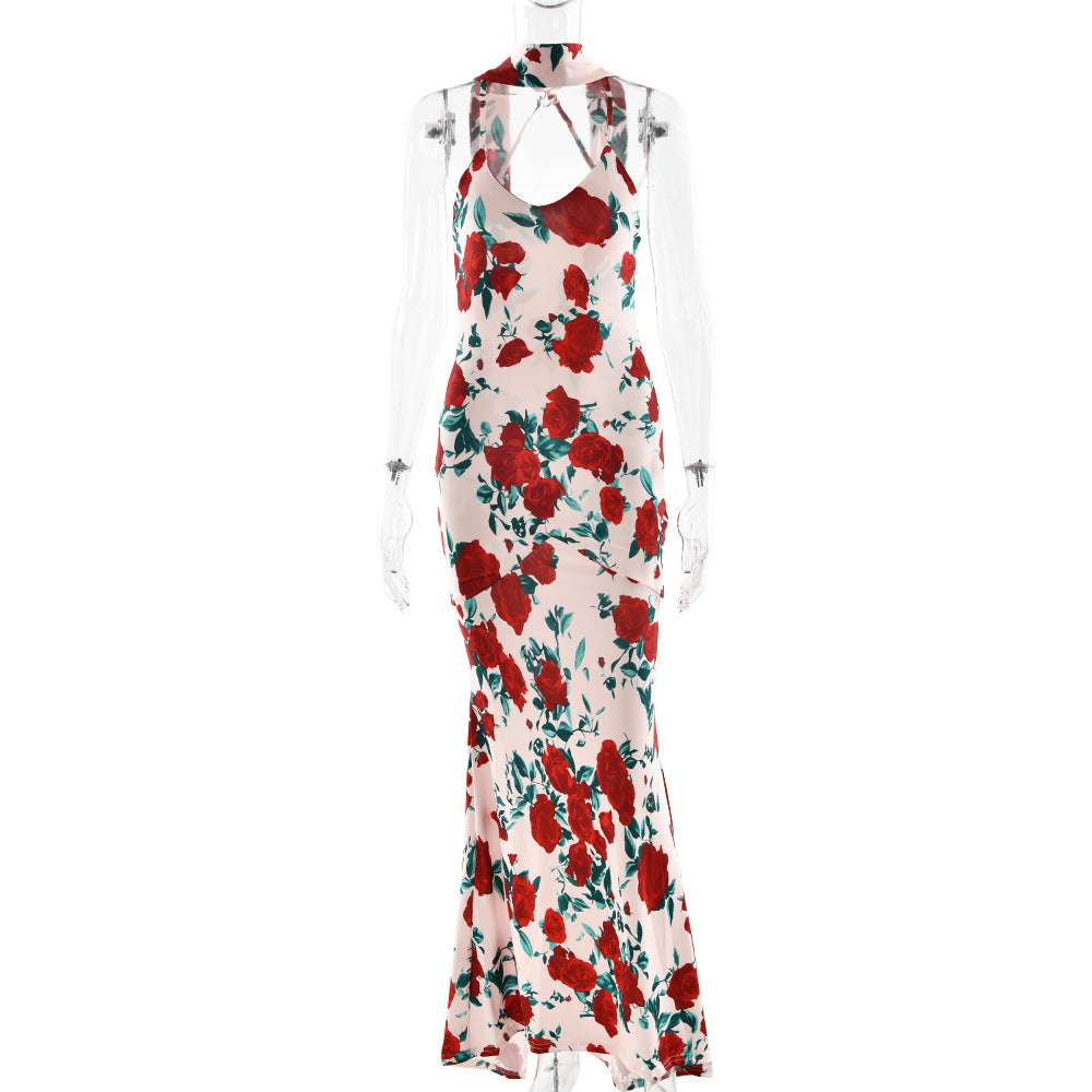 Floral Print Choker Spaghetti Strap Bodycon Mermaid Maxi Gown 7