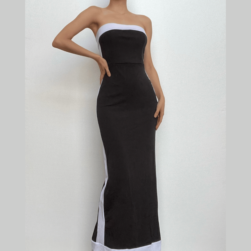 Strapless Contrast Stripe Panel Zip Back Tube Maxi Dress 2