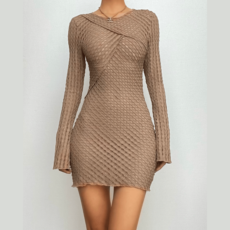 Textured Knit Crisscross Neck Long Sleeve Lettuce Hem Mini Dress