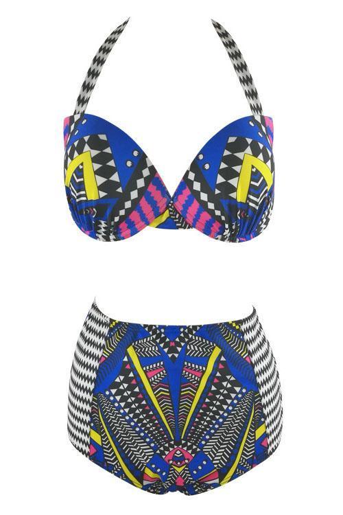 Blue African Print Push Up Halter High Waisted Sexy Two Piece Swimsuit