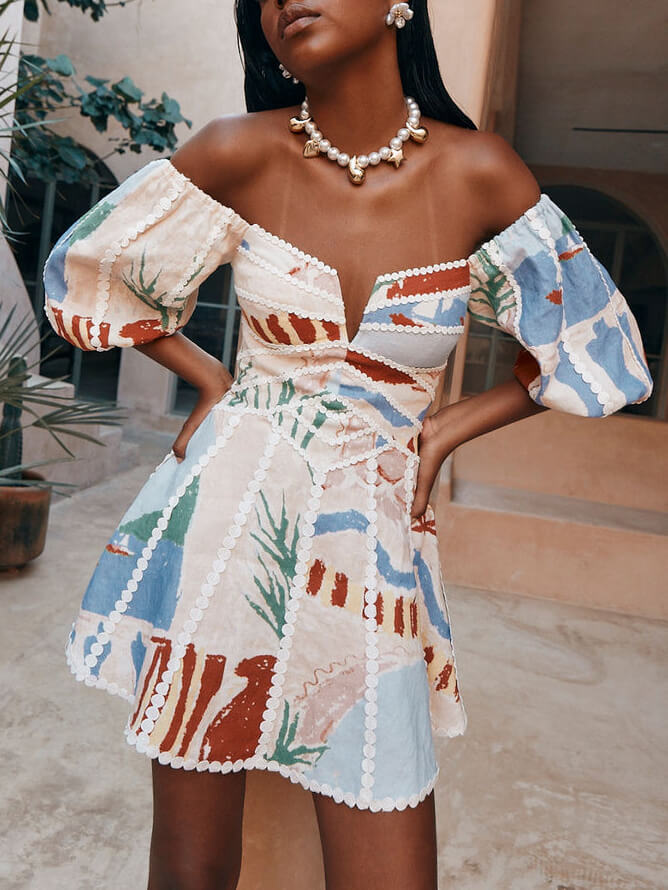 Off Shoulder Puff Sleeve Lace Trim Coastal Print Mini Dress