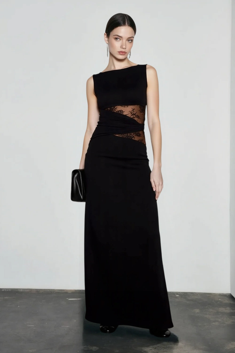 Boat Neck Criss Cross Lace Waist Cutout Column Maxi Gown 5
