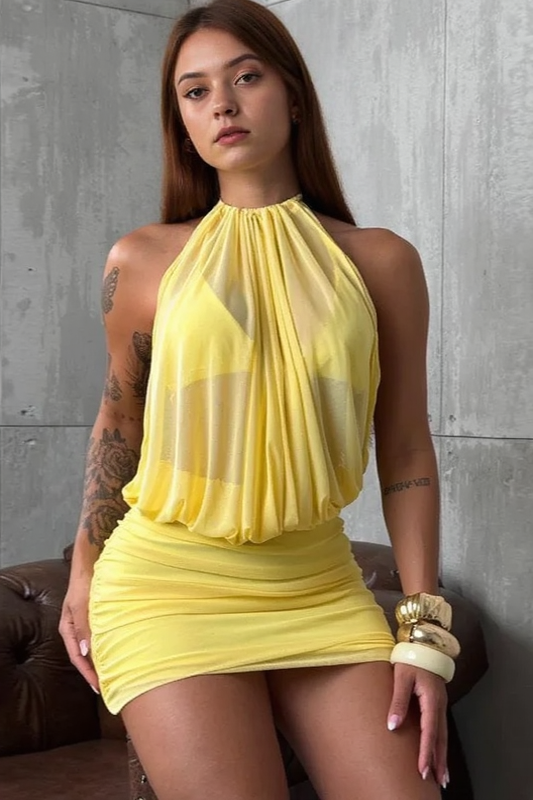 Halter Mesh Gathered Blouse Top and Side Ruched Bodycon Mini Skirt Set