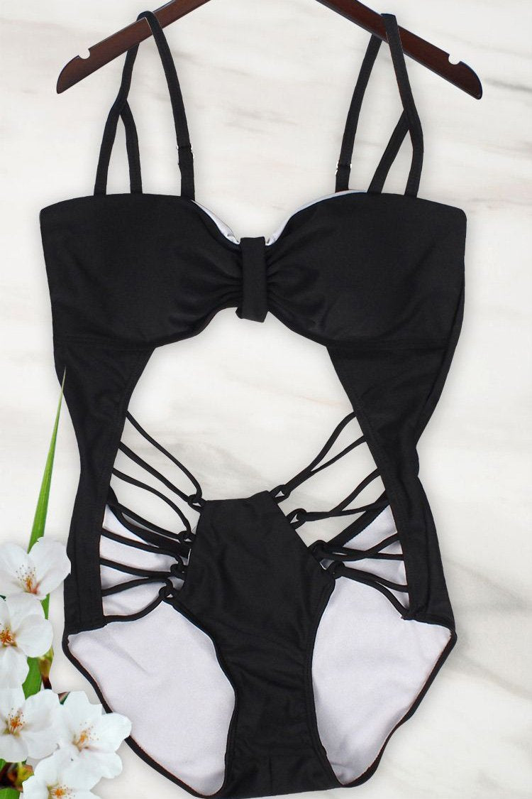 Black Strappy Caged Cutout Sexy Monokini Swimsuit