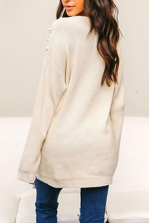 Solid Color V-neck Pearl Sweater