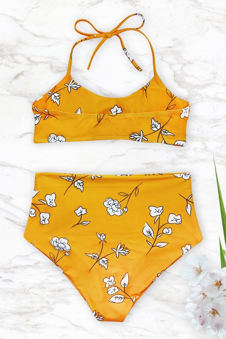 Yellow Slimming Control Floral Print Halter High Waisted Sexy Bikini Swimsuit