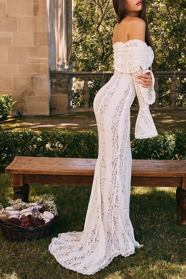 Floral Lace Off Shoulder Bell Sleeve Mermaid Maxi Dress 3