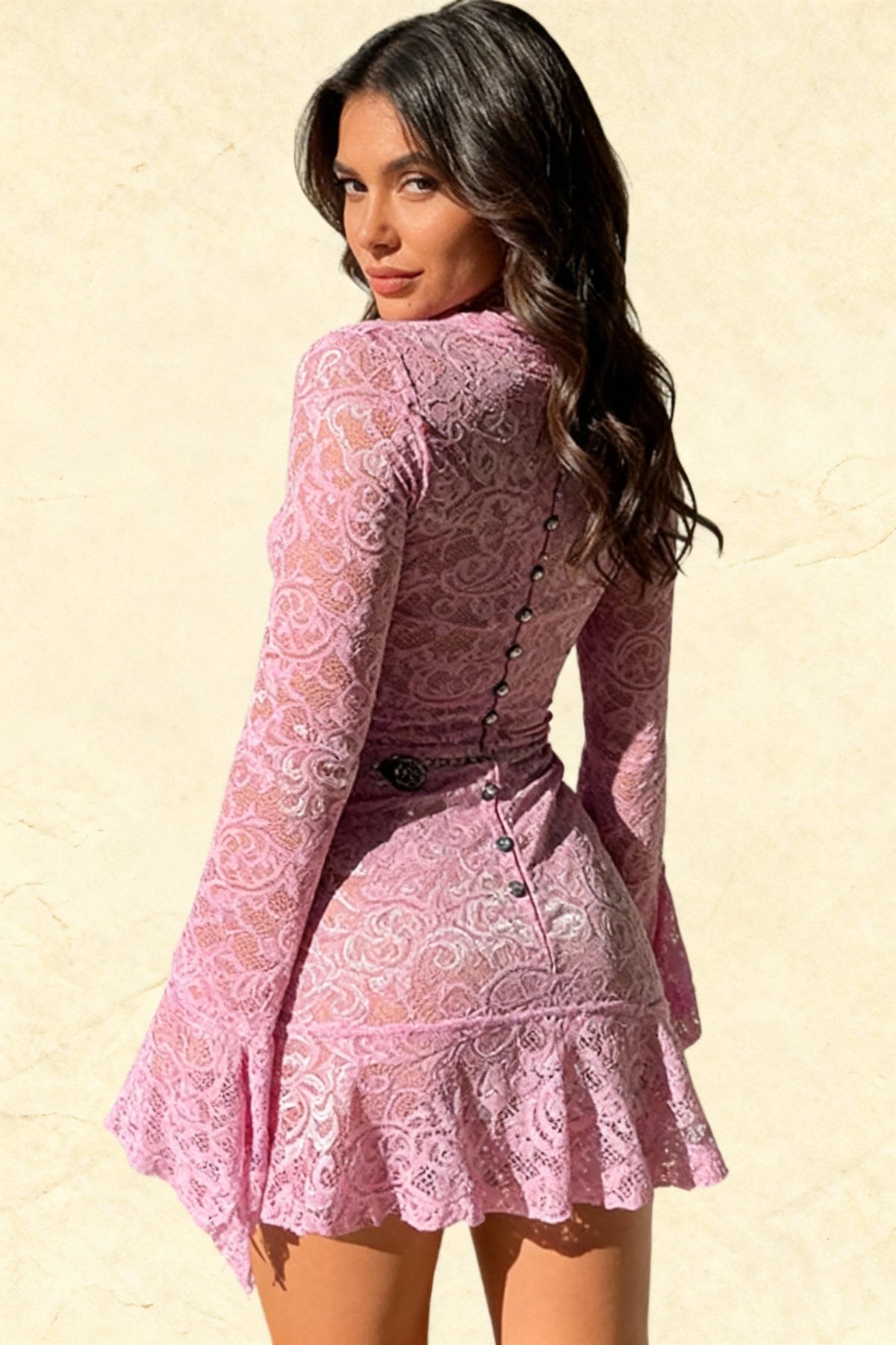 Floral Lace Deep V-Neck Bell Sleeve Asymmetric Ruffle Hem Mini Dress 2