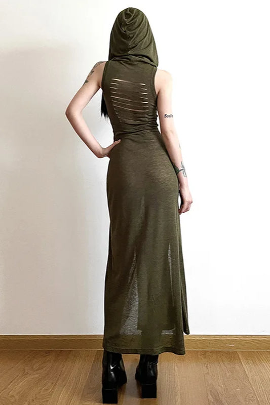 Hooded Cowl Neck Tie-Waist Double Slit Sleeveless Midi Dress 3