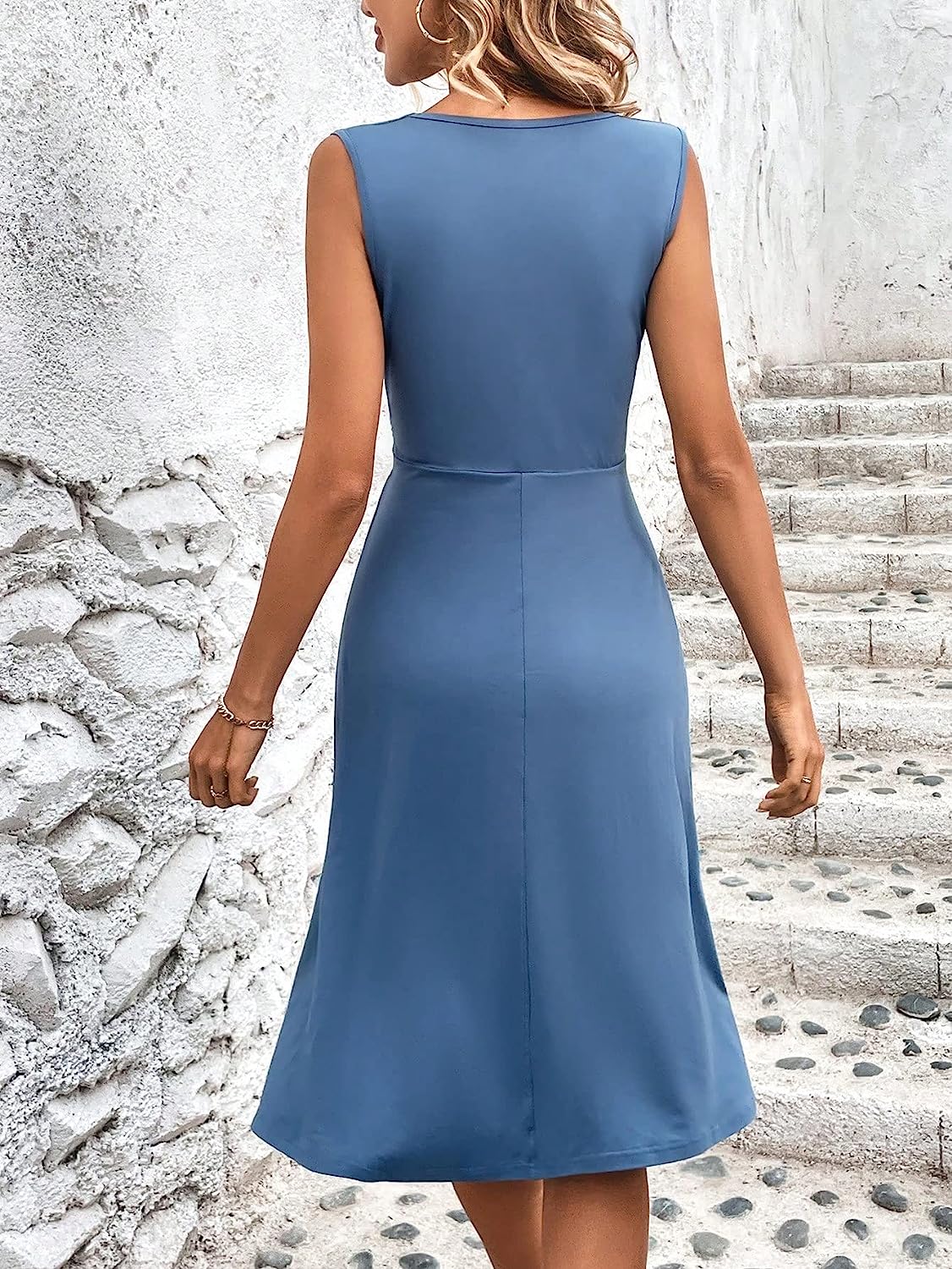 Deep V Surplice Wrap Cross Waist Ruched A Line Midi Sheath Dress 4