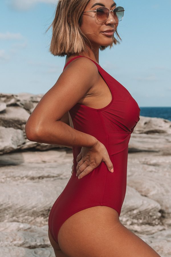 Twist Front Scoop Back Wine Red One Piece Swimsuits