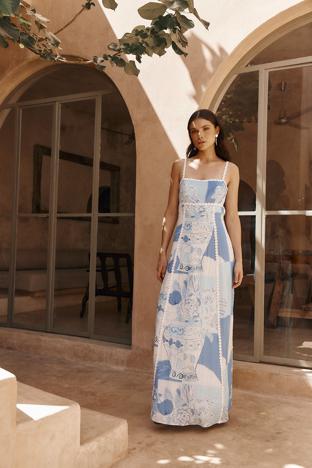 Square Neck Empire Waist Crochet Trim Ginger Jar Floral Print Maxi Dress