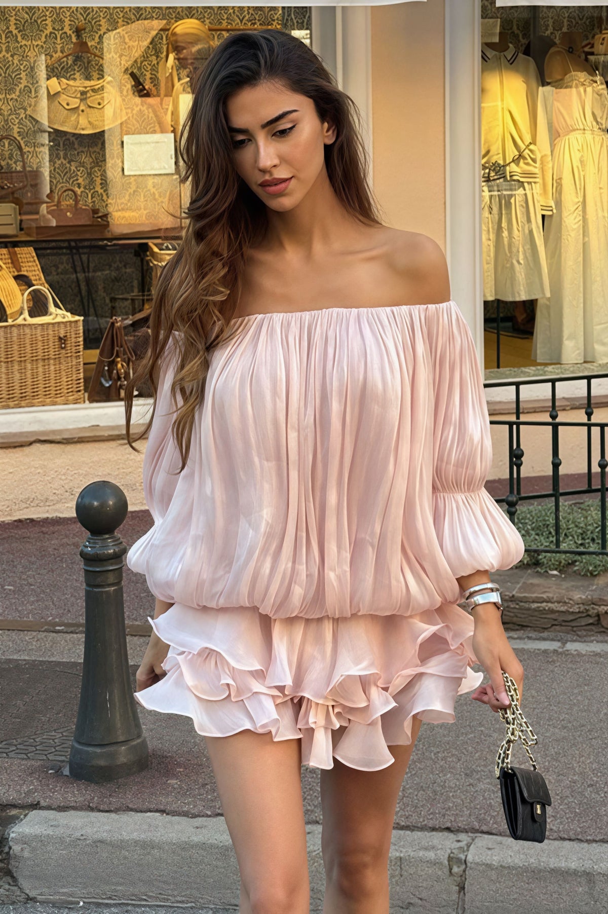 Off Shoulder Pleated Balloon Sleeve Tiered Ruffle Mini Dress