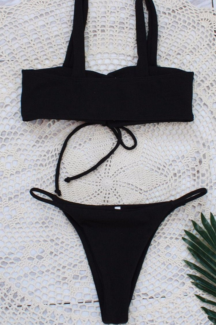Black Strappy Lace Up High Cut Ribbed Thong Sexy Bikini Swimsuit