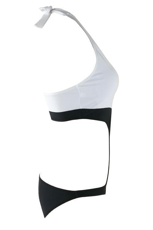 Black White Two Tone Plunge Halter Cutout Sexy Monokini Swimsuit