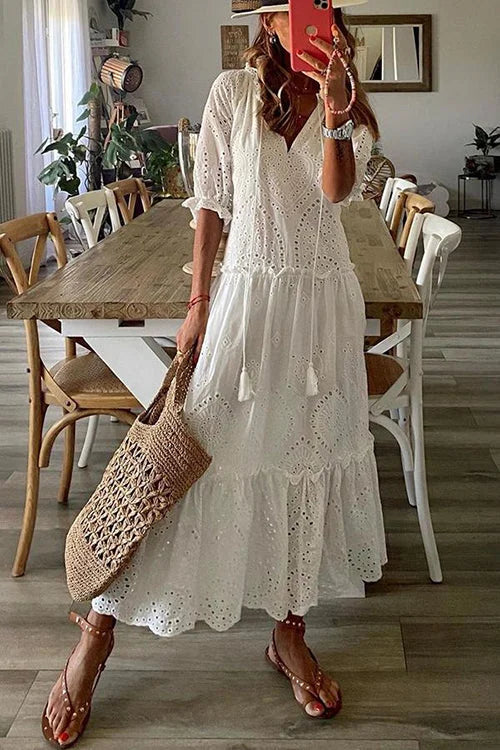 Deep V-Neck Puff Sleeve Tiered Eyelet Lace Scalloped Hem Maxi Dress 5
