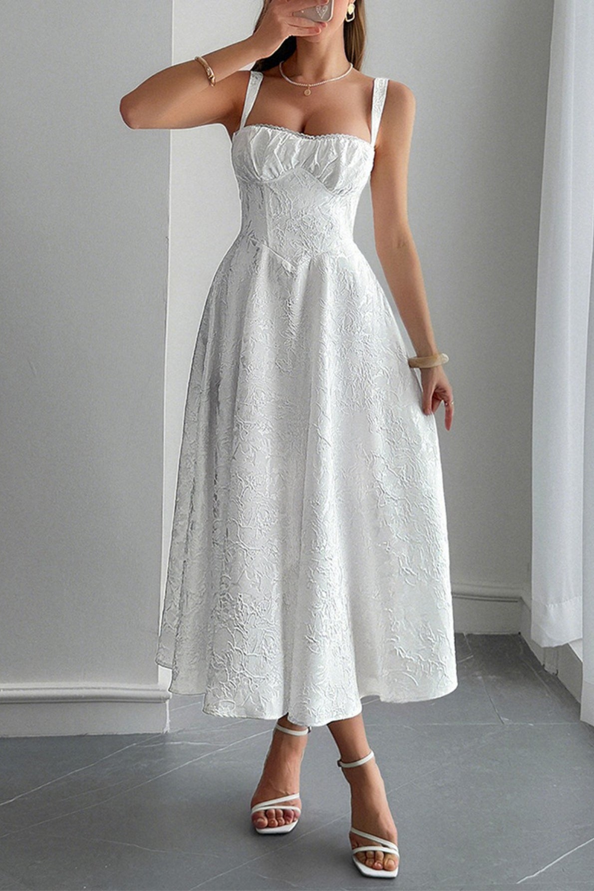 Jacquard Floral Bustier Lace Trim Pointed Waist Fit and Flare Midi Dress 3