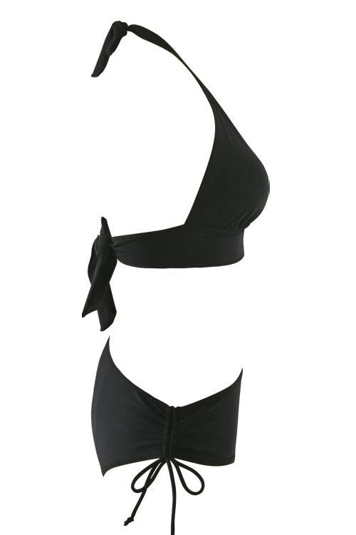 Black Halter Side Tie High Waisted Retro Bikini Swimsuit