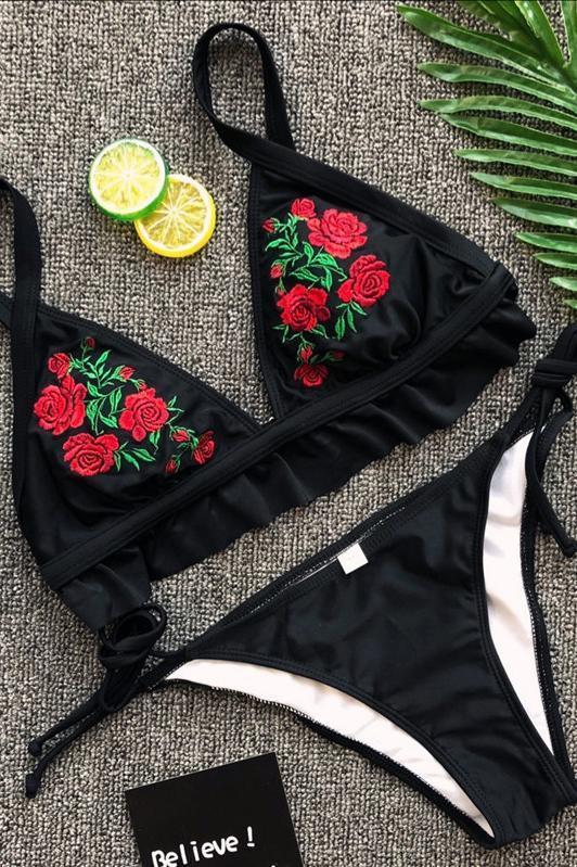Black Floral Embroidery Triangle Ruffle Trim Side Tie Sexy Cheeky Bikini Swimsuit
